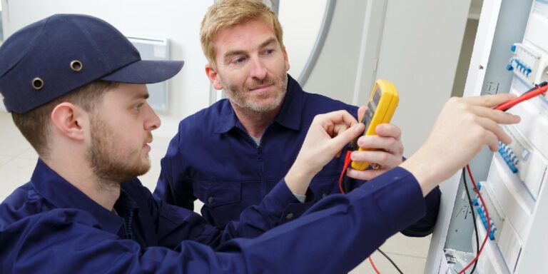 Two electricians working on a load study