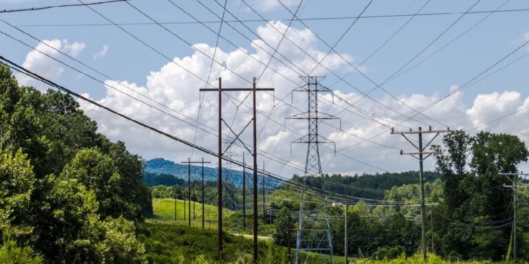 Large power lines over green pastures