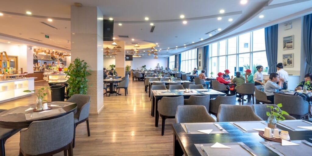 Restaurant with bright ceiling lights